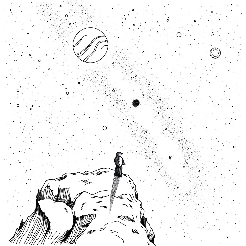 a alone man. pen and ink, birds eye view, illustrated by hergé, Background space and earth