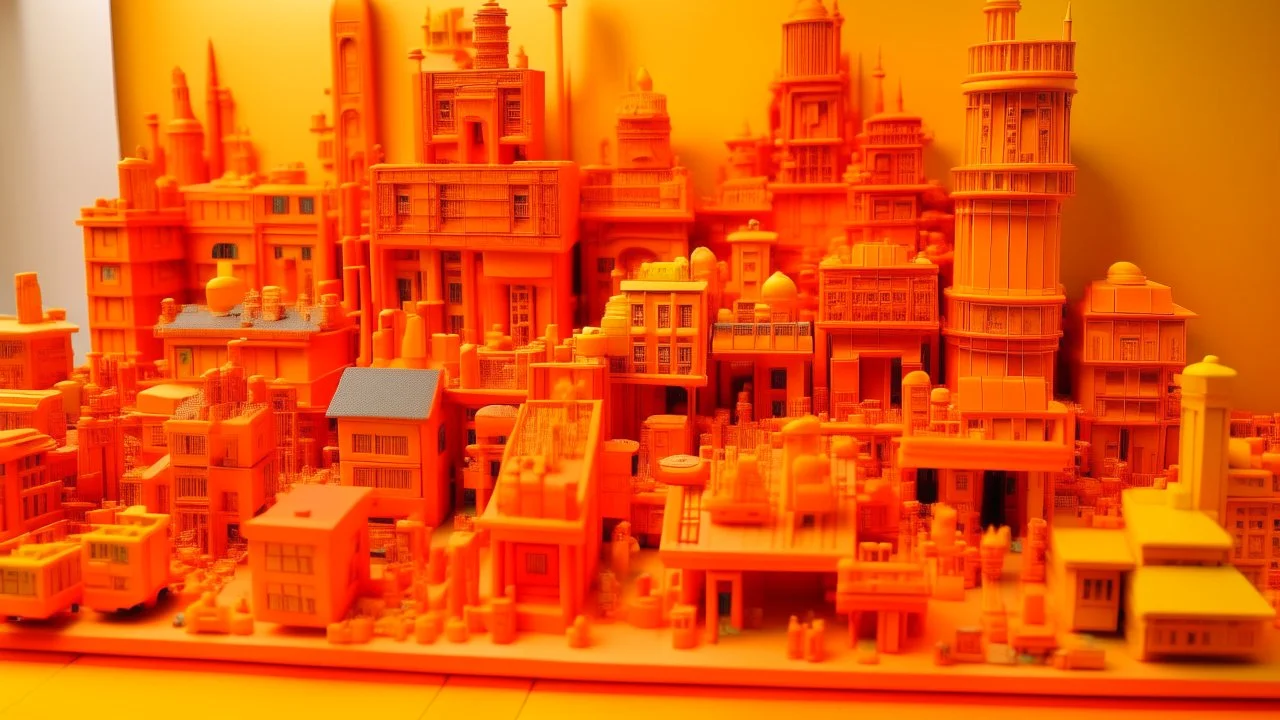An orange colored district made out of toys painted by Lucas van Leyden
