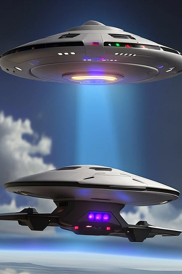 a smooth looking ufo craft with 3 separate lights underneath