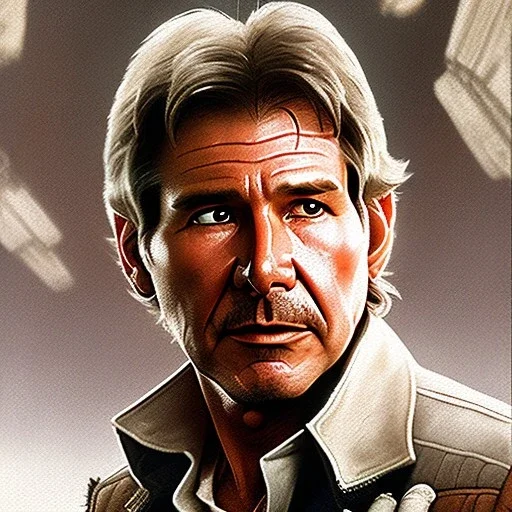 stunning photo realistic head to waist watercolour portrait of harrison ford as han solo in star wars with photo realistic short hair by Greg Rutkowski, Artgerm, WLOP, Alphonse Mucha, sharp focus, brown eyes,photo realistic skin, realistically and naturally weathered skin,space jacket from star wars, intricate, art background, watercolour