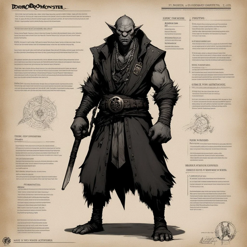 monster concept sheet with AD&D statistics and characteristics [art by Dorohedoro] Gangster-turned-Monk