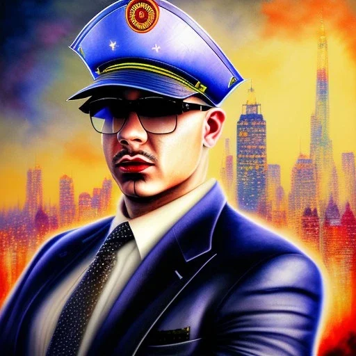 water color and spray paint art,pit-bull mafia boss with hat, holding up auto-pistol and wearing suit, city streets in background,run for cover, book illustration