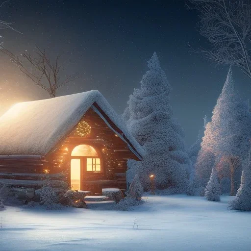 Mysterious christmas night, a lonely hut, surreal atmosphere, cosmic backdrop, celestial ambience, soft lighting, very chilly appearance of the surroundings, unreal engine 5 volumetric lighting, intricate details, realistic style, 8k resolution