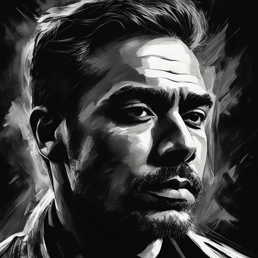 chiaroscuro portrait illustration of Marlon Moreno in the style of threadbare abstract expressionism, ebony , black, and pewter , vintage abstract cut-and-paste, ricoh gr iii, editorial illustrations, fine lines, highly detailed hair and facial features