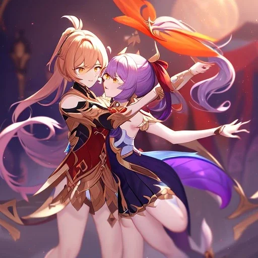 Clear focus,High resolution, Red long straight hair in a ponytail, and yellow eyes, wearing a Genshin Impact Inspired outfit,Wearing a short skirt, Color pallete red orange purple, dancing in the moonlight