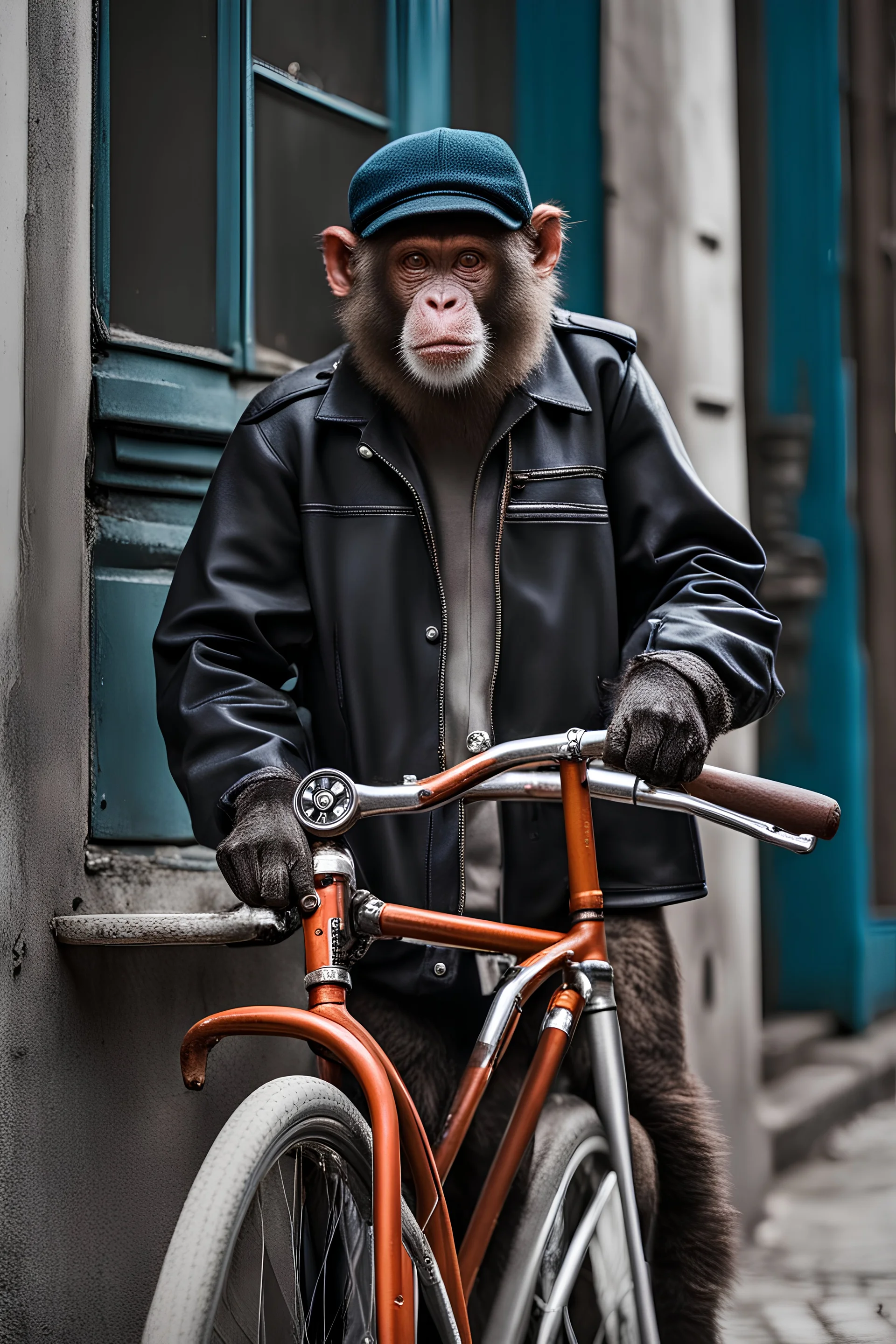 a monkey with a wrench in its hand, beside a Puch Velo