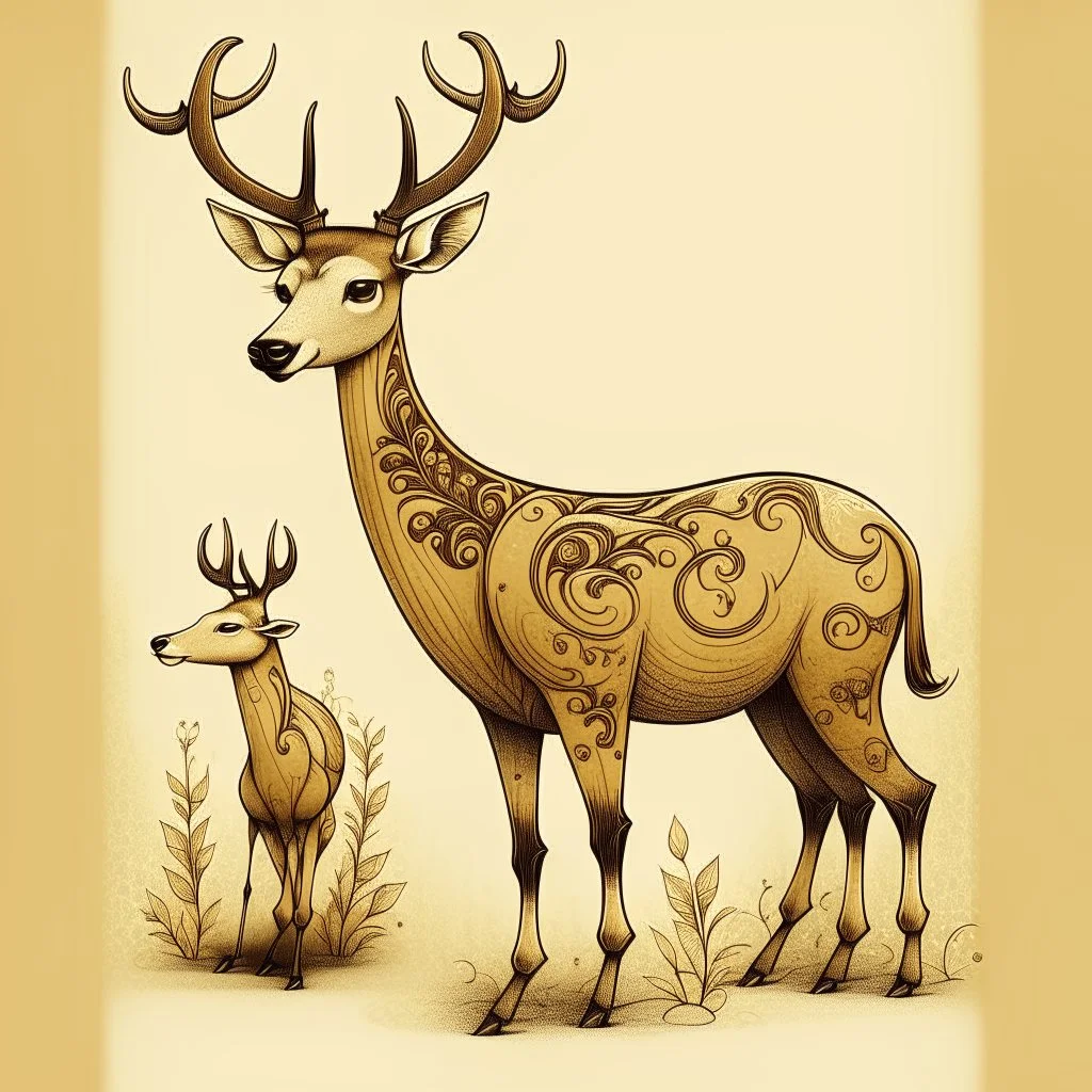 a whimsical illustration of 2 deer, a female deer on the left with body facing left but is looking back to the right, while on the right is a male deer facing left with a look of mild excitement while he glancing at the other's butt, both have upward tails