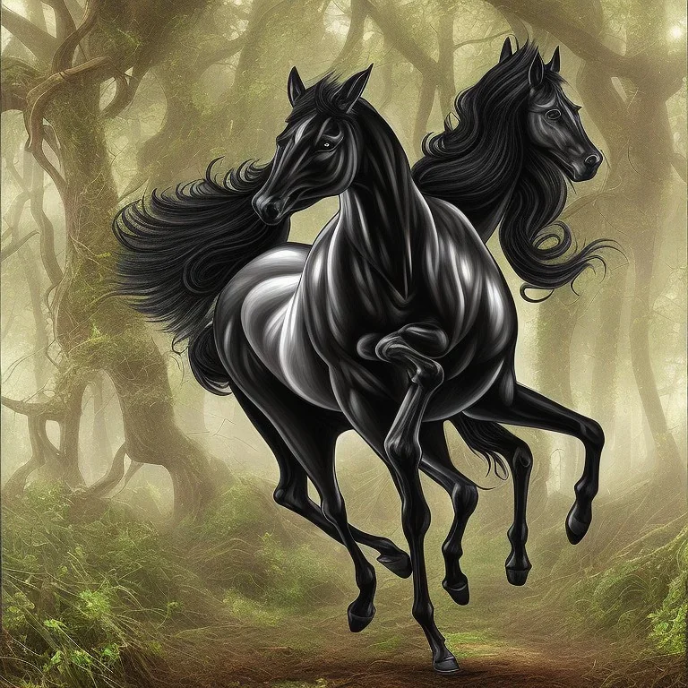 A black stallion galloping through the woods