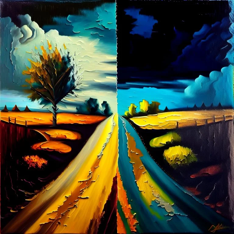 two roads diverged , art, oil colors, cheerfull