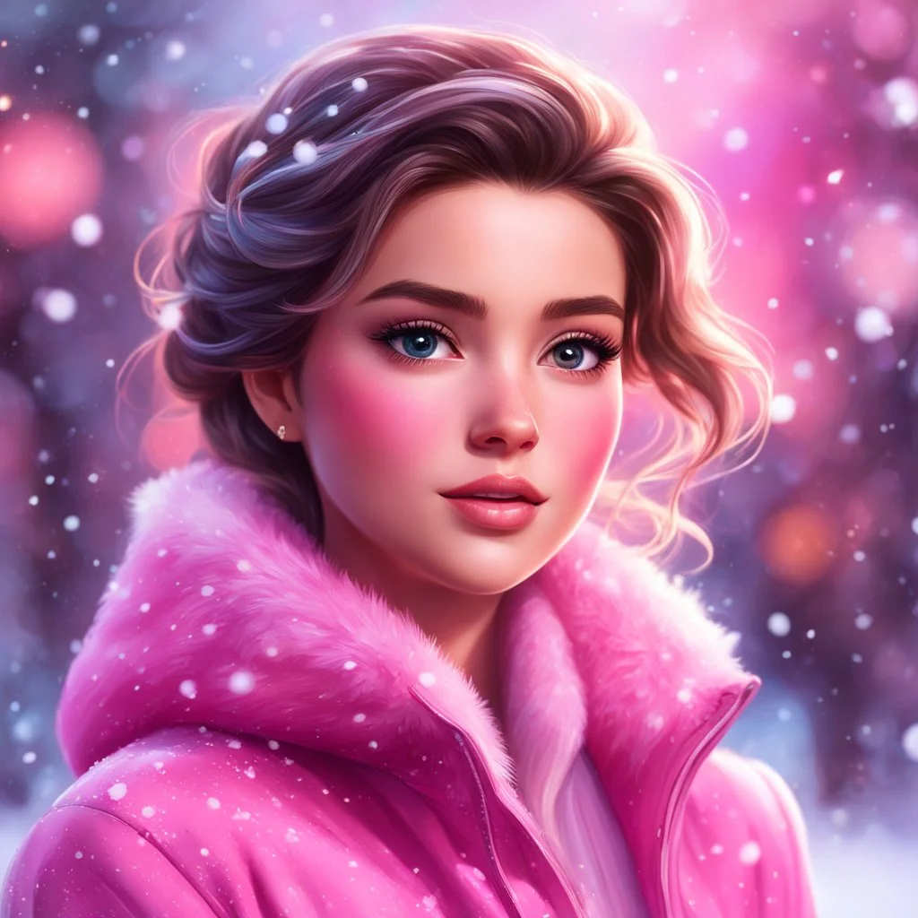 Digital painting of a beautiful girl in a stylish pink jacket, front view, Elsa's face, dark hair, hazel eyes, rosy cheeks, pink lips, Disney art, snowfall, colorful bokeh background, digital painting style, High Quality, 4k