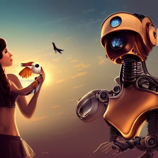 great illustrator, spanish, realistic rendering of a cute spanish girl kissing a robotic bird, beautiful, steampunk style. Helmet with tubes. Machinery in the background. robotic bird flying. High details. 4k. unreal engine, sunset