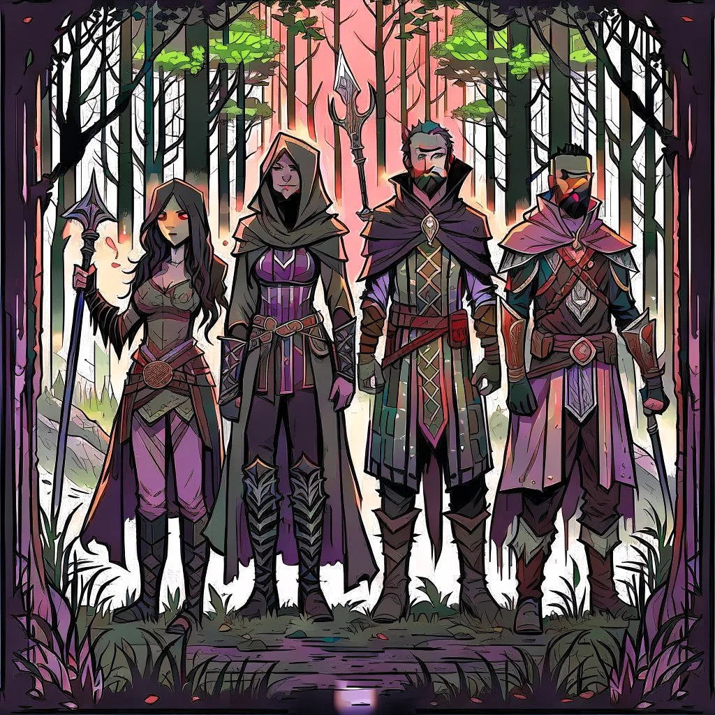 A group of four characters from a fictional book world. A witch, a gladiator, a thief, and an enchanter. The characters are in a dark forest. The characters are shrouded in mystery.