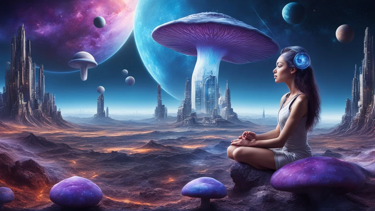 beautiful women sitting without bro meditating on blue, purple mushroom in space, city and space ships of the future at the back ground planets above hyper realistic.