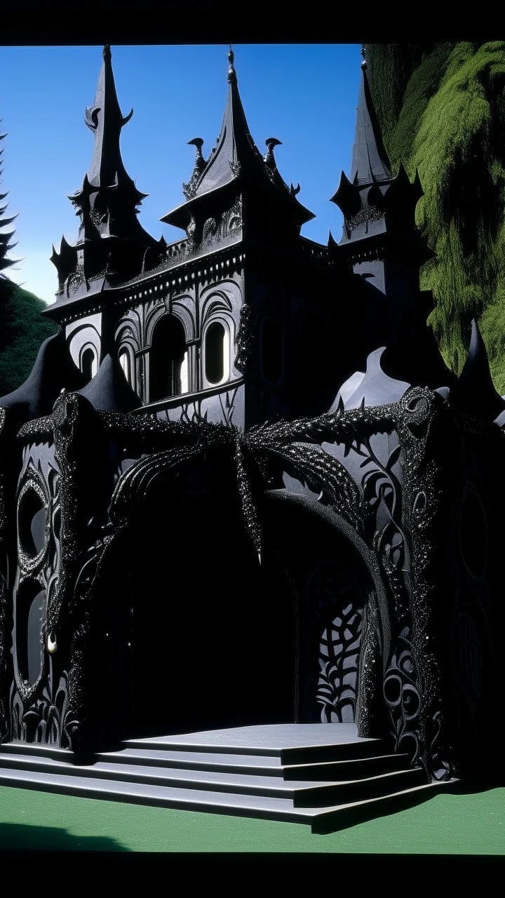 A black vampire castle in space designed in Maori sculptures painted by Henri Matisse