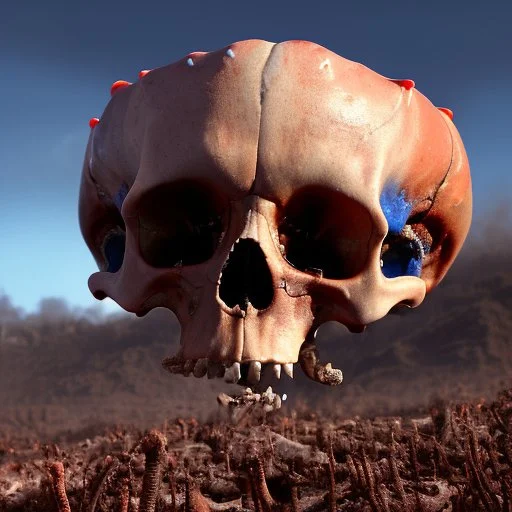 a picture of a dark, comedic, anatomically correct wall of red white and blue tightly packed stacked skulls of varying sizes and expressions, photo realistic, insanely meticulous, highly detailed, part of a collection of bones on display, 64k, dystopian, vray, anatomically correct, dystopian, horror, soviet retrofuturism