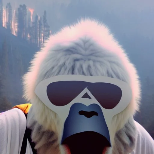 subject = (Yeti in a mask) background = (wildfires, mountains, fires, smoke, disaster)