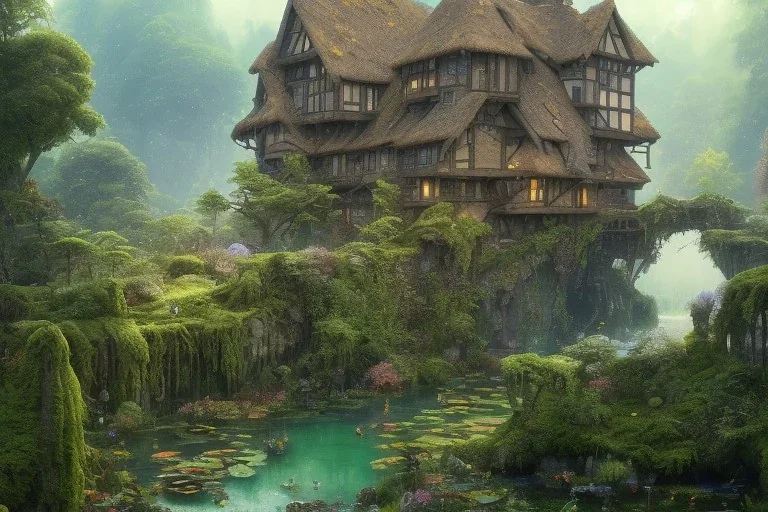 a tudor house on a hillside surrounded by jungle with a pond, blue sky, cinematic view, detailed architecture, concept art, high detail, well lit, volumetric lighting, volumetric clouds, godrays, vivid, trending on artstation, by jordan grimmer, art greg rutkowski