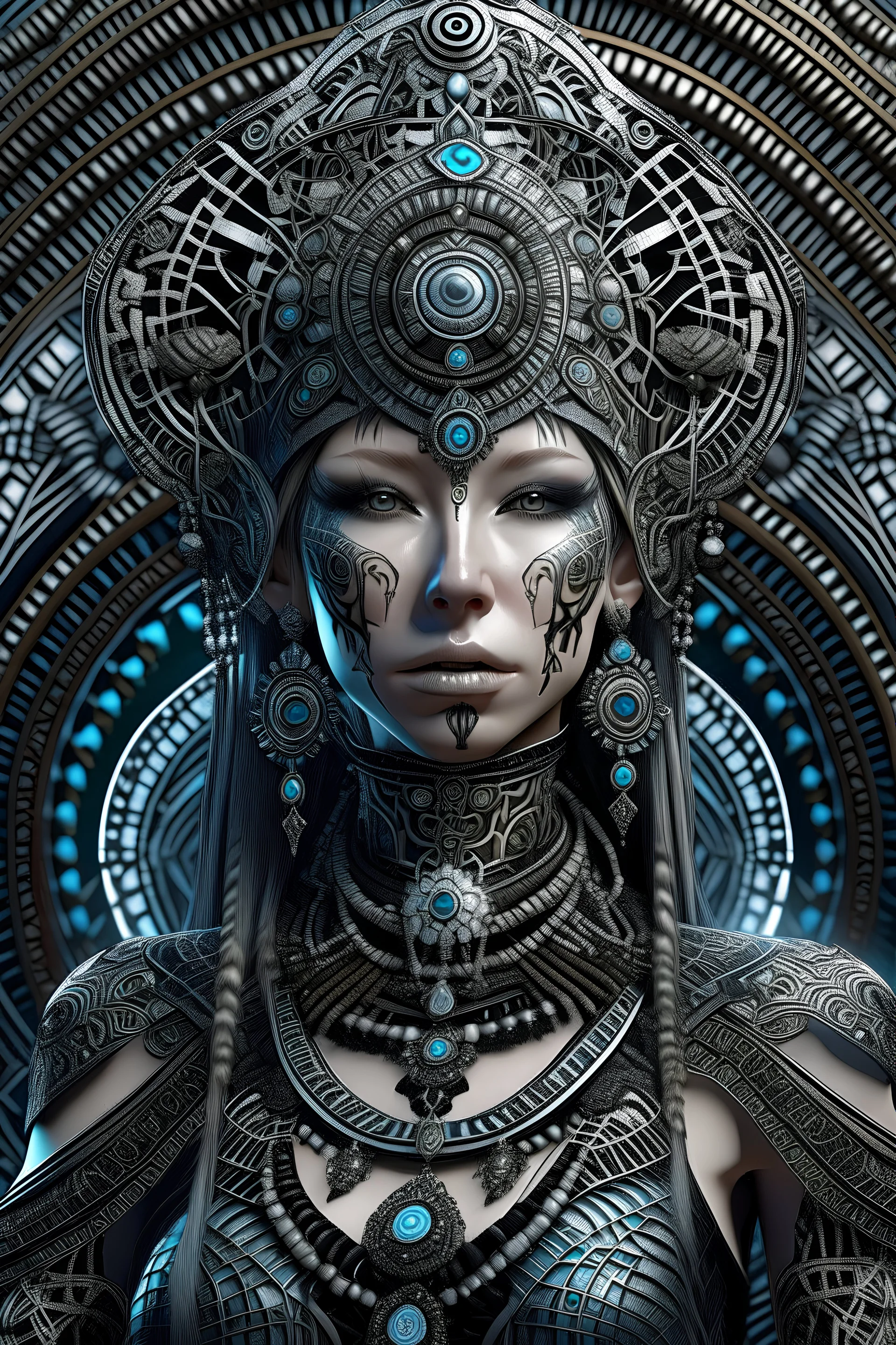 beautiful faced ladytechno shaman, wearing techno goth shamanism style and futuristic filigree ornate costume adorned wirh futuristic techno shamanism style lace, ornated textured futuristic filigree and metal techno shamanism costume headdress organic bio spinal ribbed detaIL OF TEchno shamanism and goth mixed style style moonlight background intricate details, extremely hyperrealistic maximalist portrait ar