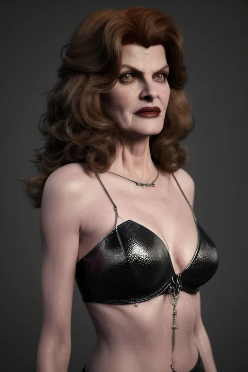 younger Rene Russo as evil queen in leather, cleavage, angry, stern look, unreal 5, octane render,cinema4d, dynamic lighting, dramatic lighting, 4k, redshift render, highly detailed, hyper realistic