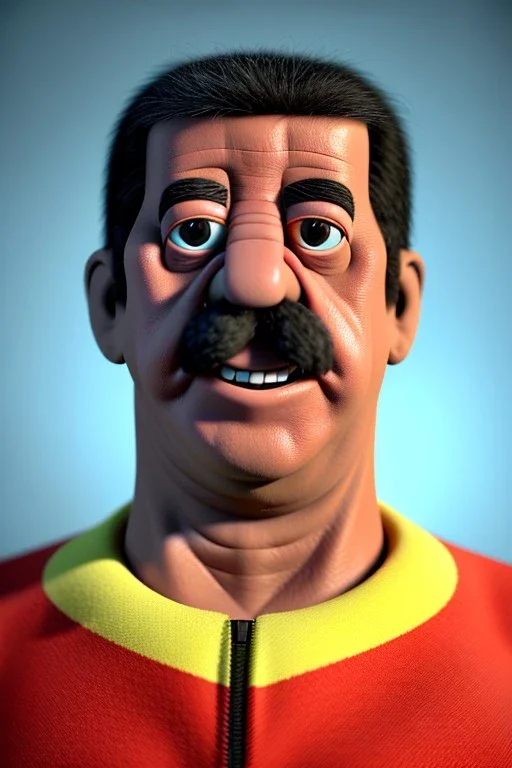 Waist up muppet Portrait, Nicolas maduro us muppet doll, Venezuelan president, tracksuit red blue and yellow, mustache, photo studio, red background, unreal engine 5, concept art, art station, ray tracing, lumen lighting, ultra detail, volumetric lighting, 3d.