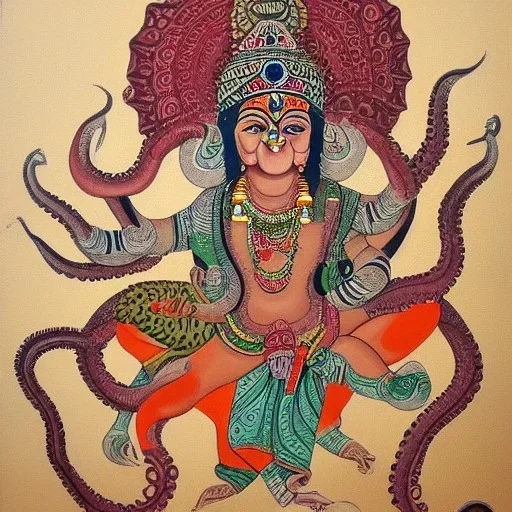 indian god painting with octopus body AND cow head with detailed jewelry