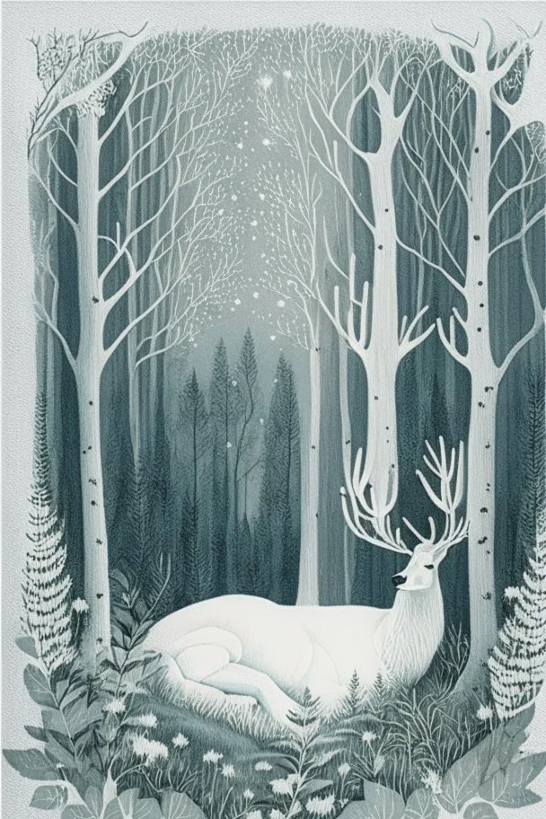 in a cosy vintage style, a white stag sleeps in a forest