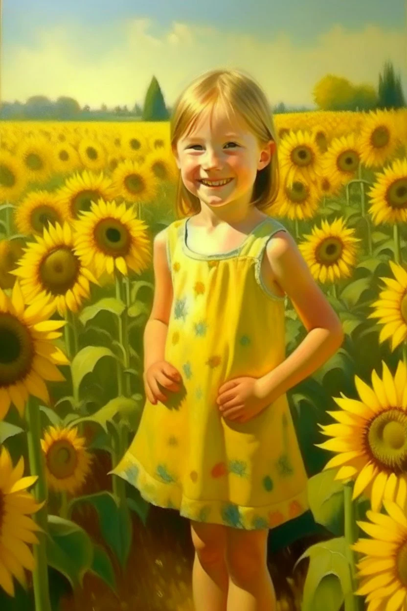 Neoclassicism child stanting in a field of sunfowers painting yellow realistic cote d'azur sunflowers smiling