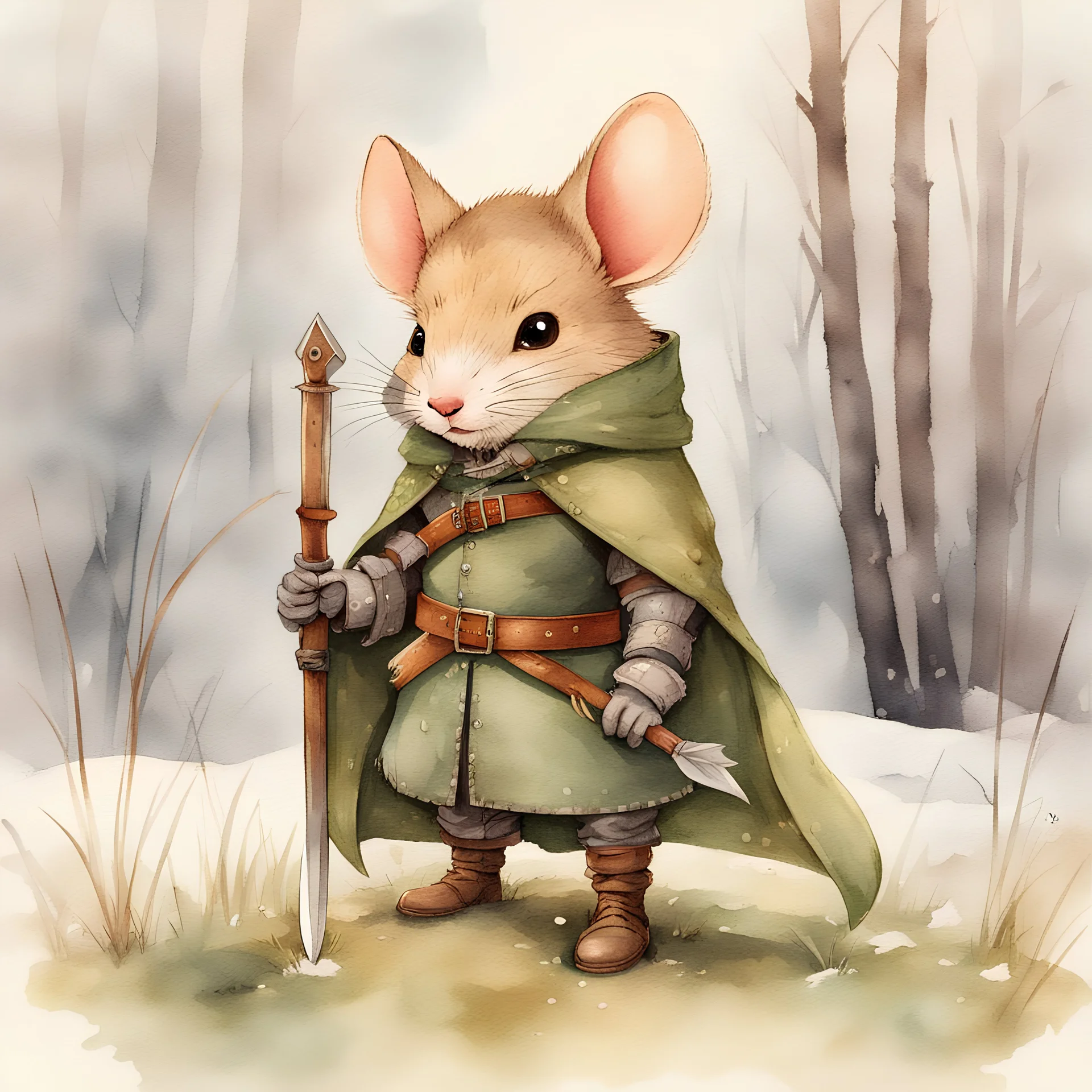 (anthropomorphic lark),small size, Scandinavian clothes for winer, mouse guard insp, (blade of green grass sword), watercolor art. cute, winter forest on background, leather armour and straps