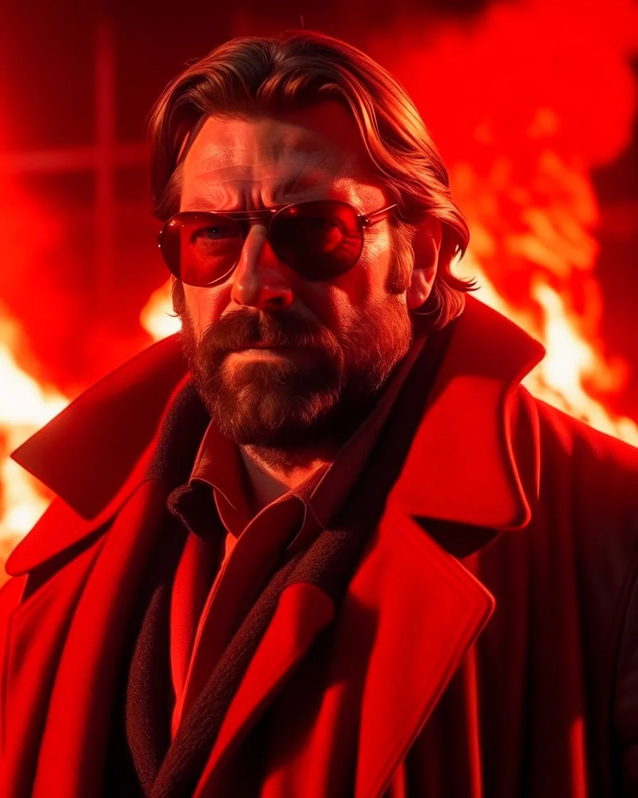 a young man with big muscles who looks like hans gruber wearing a heavy coat and red sunglasses staring with an irritated look on his face standing in front of a large fire