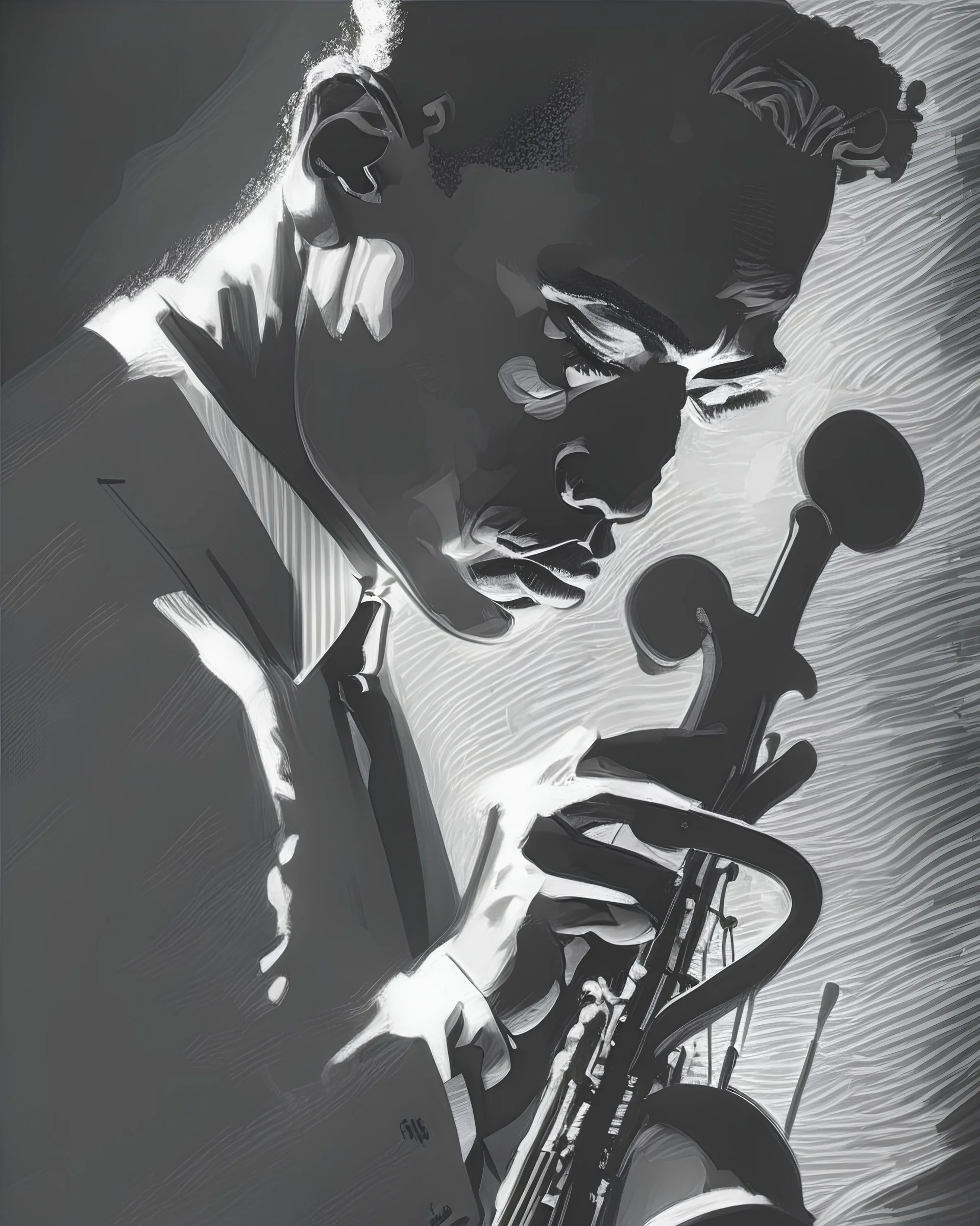 A dynamic portrait of a jazz musician, immersed in the act of playing their instrument, in the style of chiaroscuro, high contrast between light and shadow, bold lines, and a sense of movement, inspired by the works of Caravaggio and Frank Miller, capturing the passion and energy of live performance.
