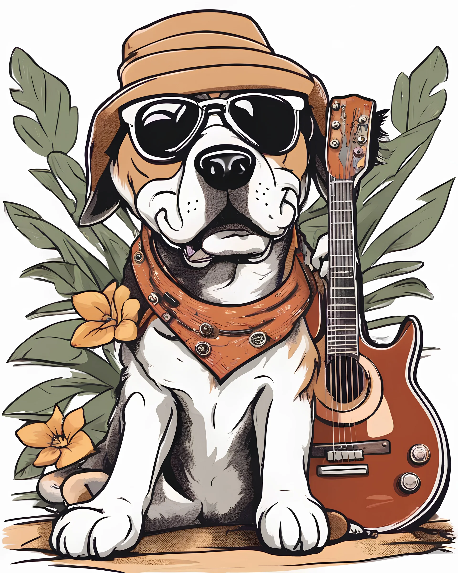 Funny and stylish dog wearing sunglasses and playing guitar, cigarette in his mouth, illustration, full dog body,white background, no shadows and clear and well outlined