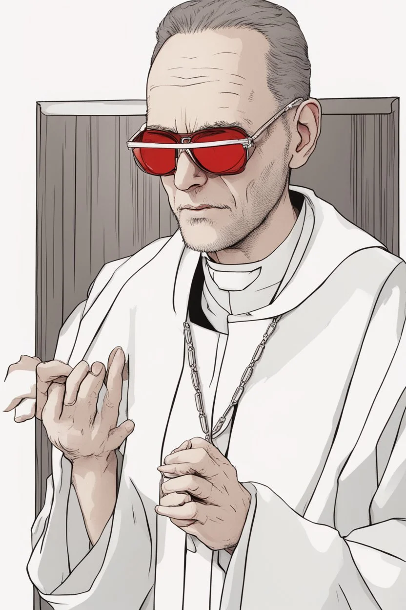 hand gruber as a judgmental priest wearing red sunglasses