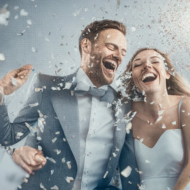 A happy man and wife with silver confetti