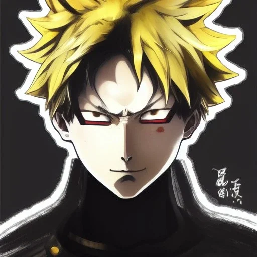 Detailed anime portrait of bakugo from my hero academia, gold hair and golden eyes, black suit, intricate details, full body portrait, keep head in frame, slight smile, black Japanese motif, concept art, highly detailed, digital painting, concept art, sharp focus, illustration, art by Yoji Shinkawa, WLOP and greg rutkowski and alphonse mucha and artgerm and yanjun Chen and Junji ito and Makoto Shinkai, HDR, octane render