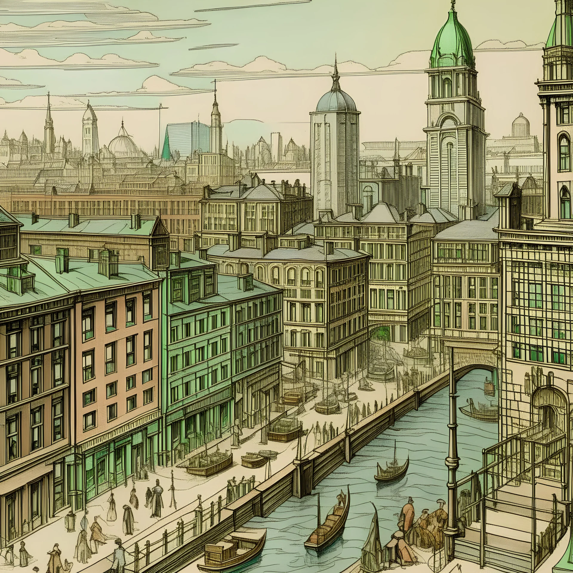 Hand Drawing color art, Manhattan -1898