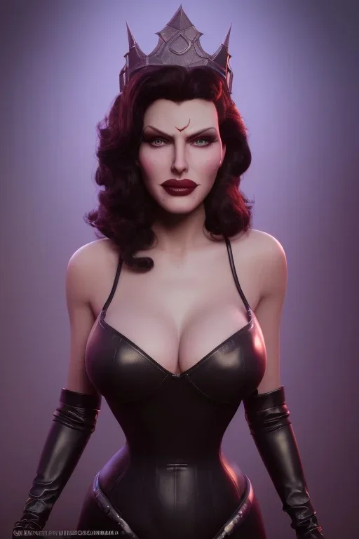 Rita Hayworth as evil queen in black leather, busty, cleavage, curvy, angry, stern look. character design by cory loftis, fenghua zhong, ryohei hase, ismail inceoglu and ruan jia. unreal engine 5, artistic lighting, highly detailed, photorealistic, fantasy