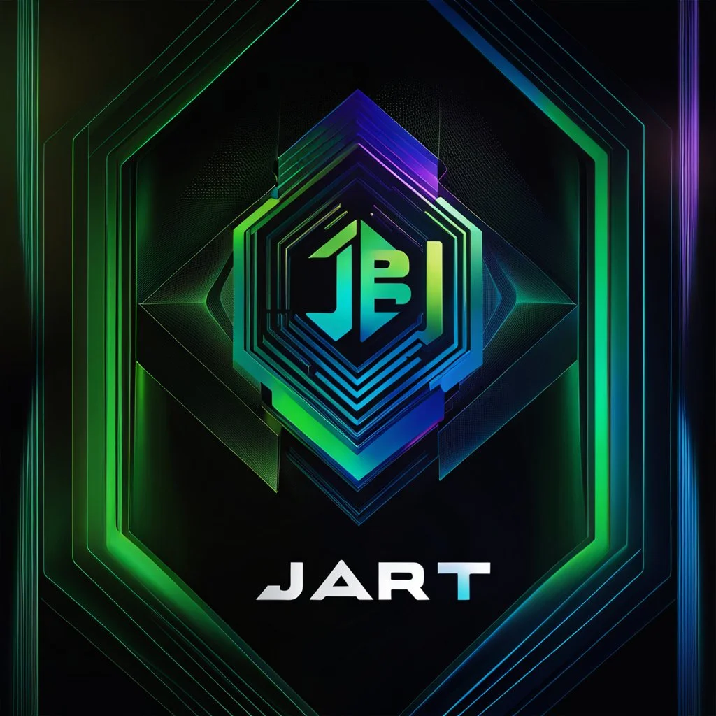 "Innovative, futuristic logo for 'JB AI Art' - blending abstract 'JB' monogram with advanced AI-inspired elements. Vibrant gradient colors (blue, green, metallic) convey computational power and the intersection of art/technology. Geometric shapes, interconnected lines, and 3D wireframe details suggest AI engineering prowess. Visually striking, memorable mark that communicates the studio's cutting-edge, AI-driven capabilities."