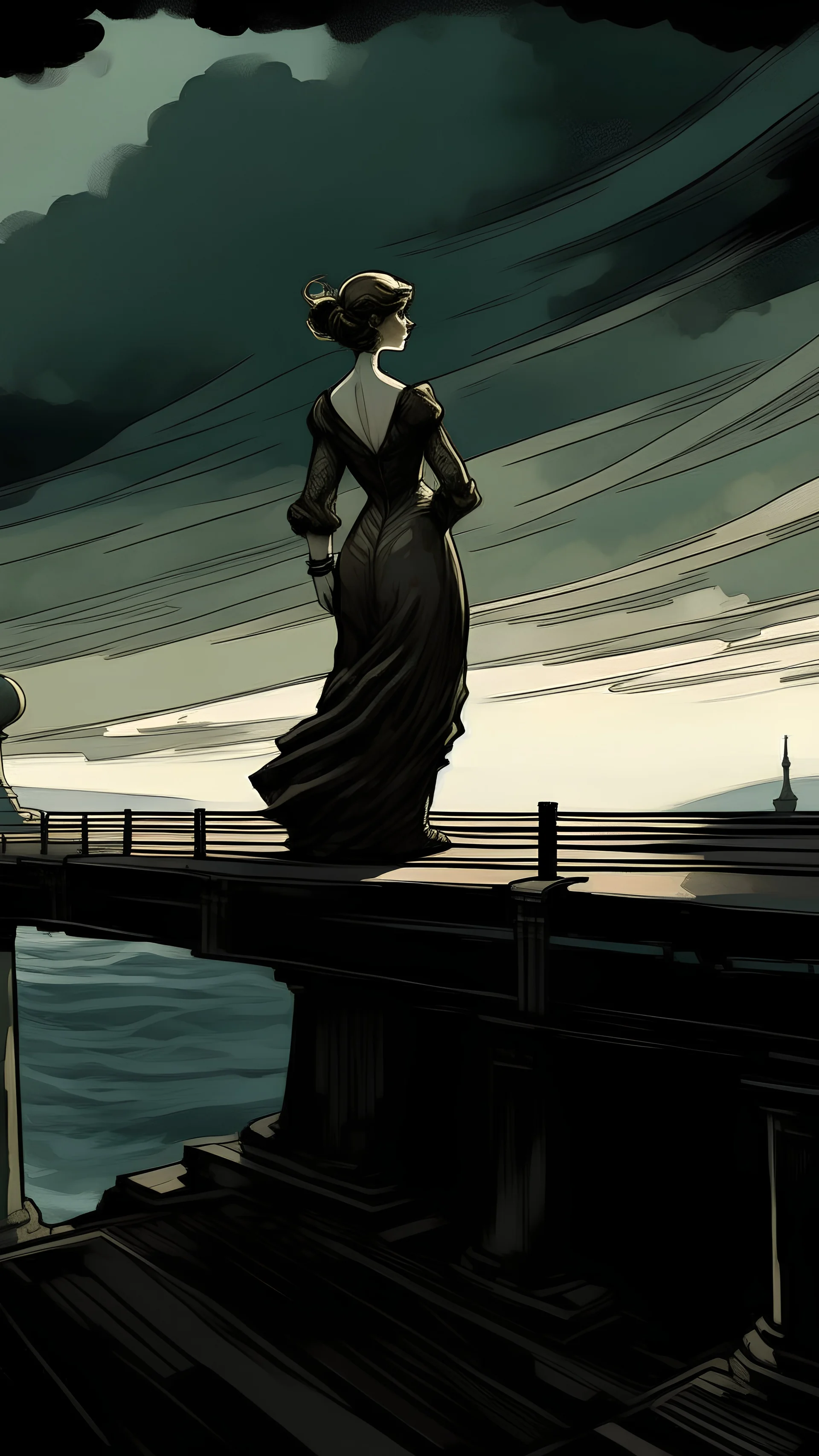 Ilustrasikan dengan gaya Art Nouveau yang memukau. perempuan berdiri di ujung beton pemecah ombak, sikap tegar namun lelah dengan pose yang sensual. Gambarkan pikiran negatif sebagai awan hitam di sekitarnya. Gunakan cahaya remang-remang dan warna suram untuk menciptakan atmosfer dramatis. Fokuskan pada simbol kekuatan, tombak, dan ombak yang memecah sebagai representasi perjuangan dan ketahanan. ilustrasi dipenuhi ornamen Art Nouveau, termasuk motif bunga melingkar, daun lembut, serta pola-pola
