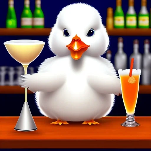 An White Fluffy Duck Being a Bartender in a Tavern