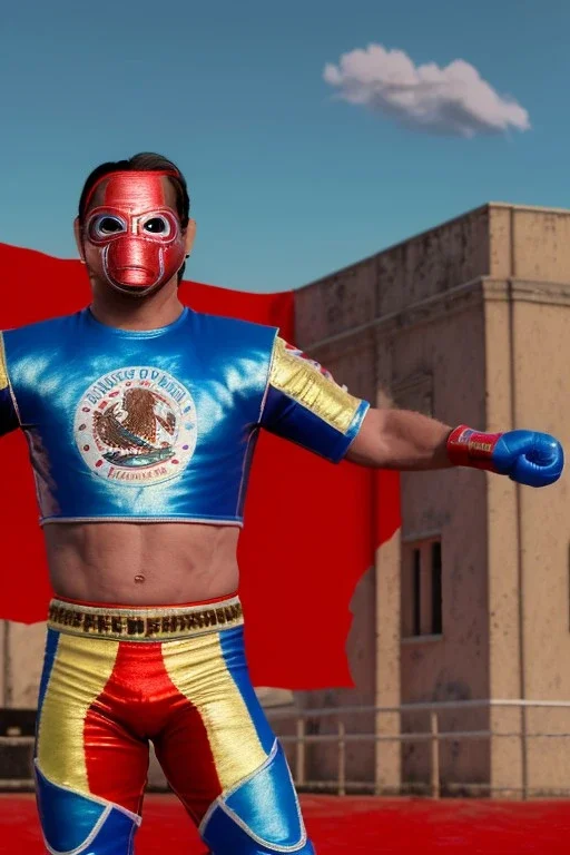 realistic image of joe biden as a mexican wrestling fighter posing, Mexican eyes wrestling mask, red and blue breeches, retro style, 80s, vibrant color, highly detailed, sky background, concept art, unreal engine 5, god rays, ray tracing, RTX, lumen lighting, ultra detail, volumetric lighting, 3d, finely drawn, high definition, high resolution.