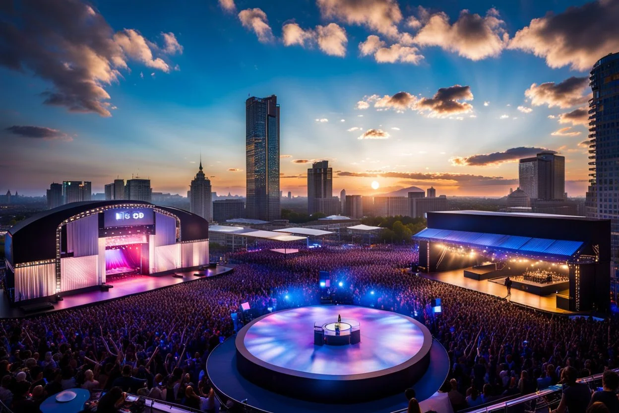 a big open disko stage in modern city center environment , at distance,blue sky pretty clouds ,night,moon light .