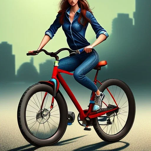 young woman riding a bike, in the style of Elias Chatzoudis