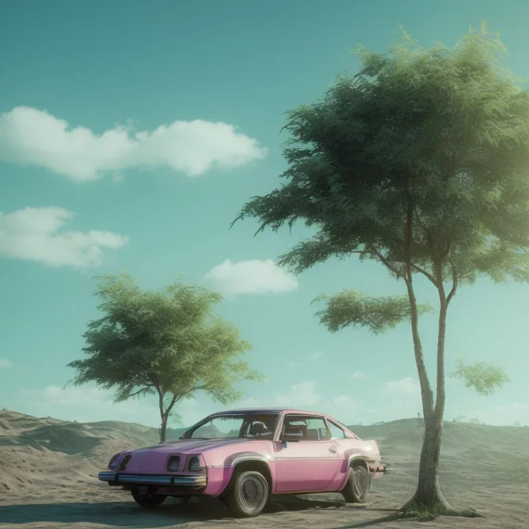 1980's aesthetic vaporwave wood trees with spheres and car clasic and sexy girl