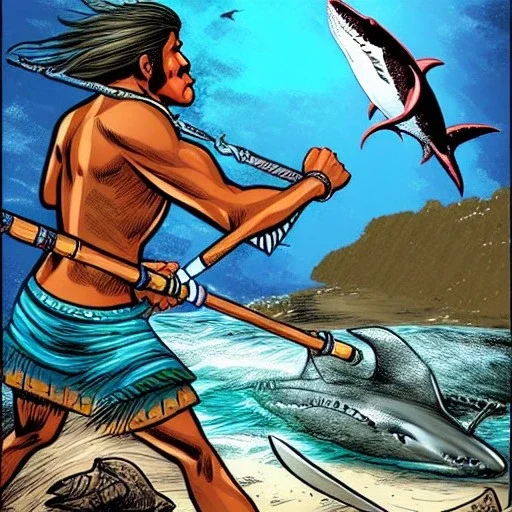 Aztec man spear fishing a shark, hyper d