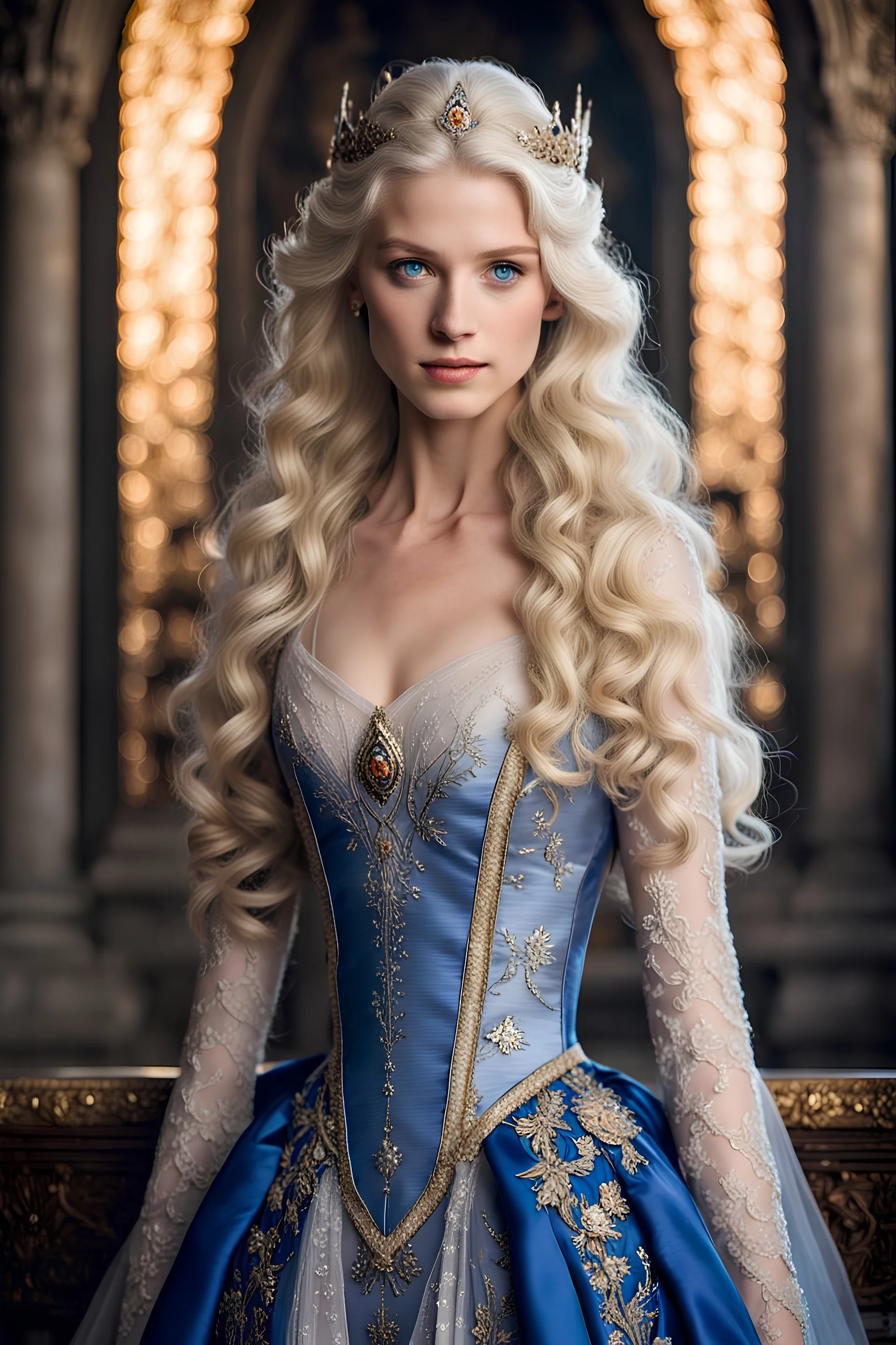 Formal portrait, castle, Maegelle Targaryen, 16, epitomizes Targaryen allure with her golden locks, striking sapphire eyes, and a soft high cheeks. Her slender frame, adorned with delicate features, accentuates her royal elegance, while her graceful movements reflect youthful innocence and curiosity. She wears flowing gowns in lace, silk