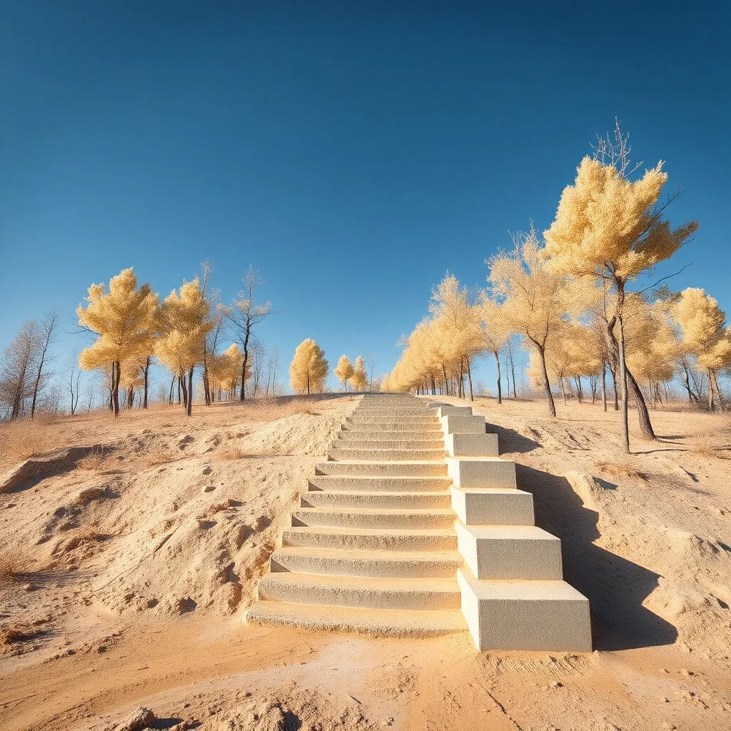 Photograph, wasteland, taiga trees, blue sky, brutalist steps, daylight, all'aria aperta, brutalist, liquid, polvere, open air museum style, blue, apparecchi elettronici, powder, punto giallo, minimalist, details of the dust very accentuated, deep 3d field