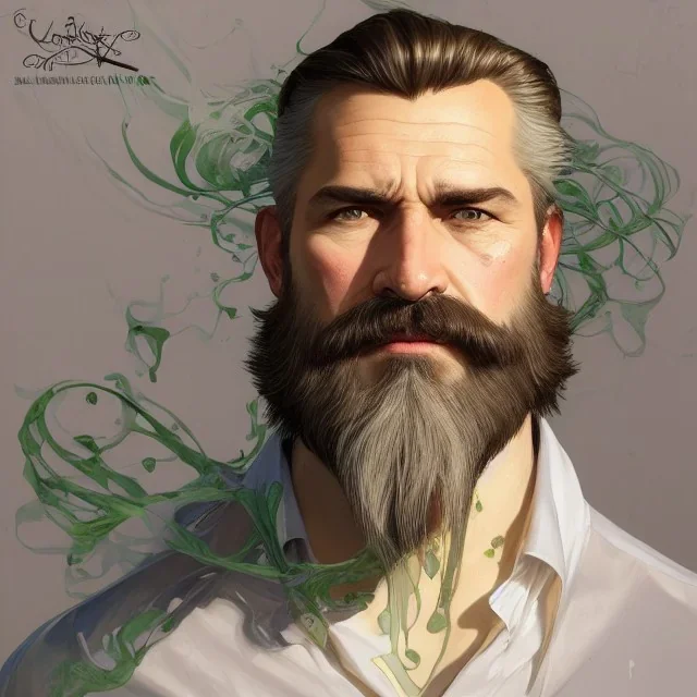 "MIddle aged white human male, with a trimmed but uneven beard, piercing green eyes with slick back hair head and shoulders portrait, 8k resolution concept art portrait by Greg Rutkowski, Artgerm, WLOP, Alphonse Mucha dynamic lighting hyperdetailed intricately detailed Splash art trending on Artstation triadic colors Unreal Engine 5 volumetric lighting Splash art fantasy"