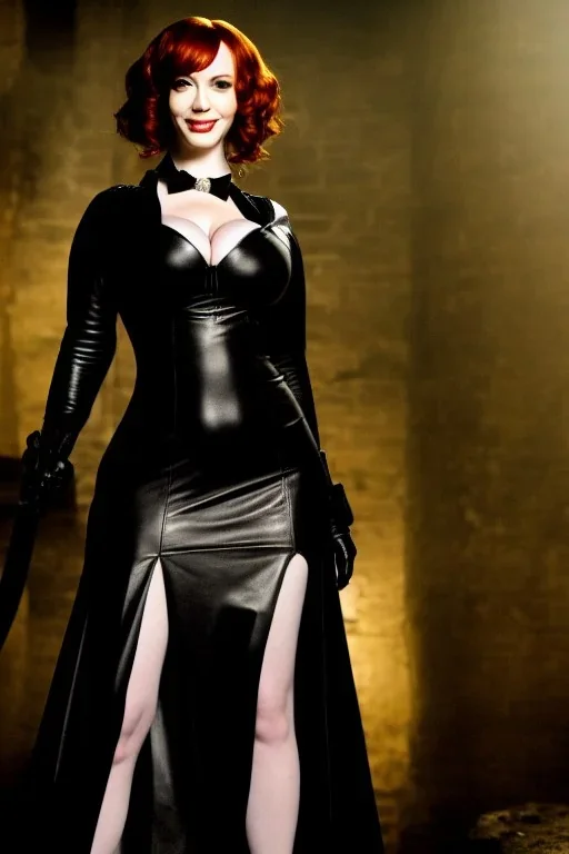 Christina Hendricks dressed in black leather gown, with a whip in her hand, inside a dungeon, busty, cleavage, volumetric lighting, particales,highly detailed,cinematic, deep colours,8