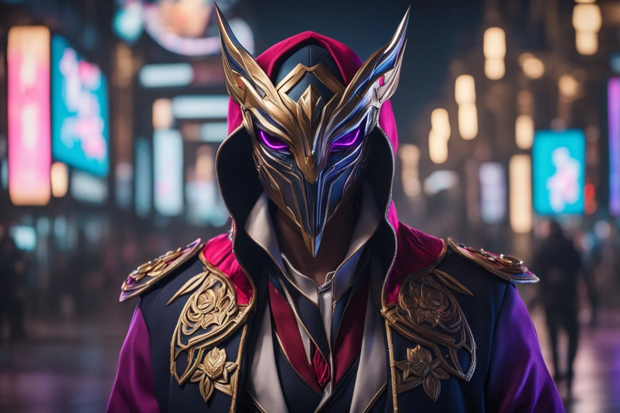 Jhin in 8k live action artstyle, mask, wapen, full body, neon lights, intricate details, highly detailed, high details, detailed portrait, masterpiece,ultra detailed, ultra quality