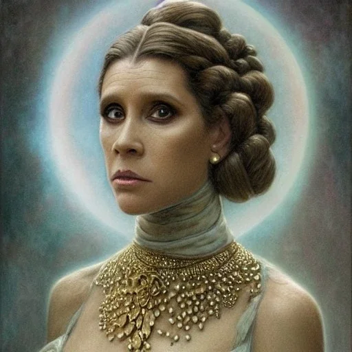 Princess leia goddess, perfect face, fantasy, beautiful face, gorgeous, intricate, dramatic lighting, emotionally evoking symbolic metaphor, highly detailed, photorealistic, artstation, concept art, smooth, sharp focus, art by albert aublet and krenz cushart, tomasz alen kopera, peter mohrbacher, and alphonse mucha, sharp focus, emitting diodes, smoke, artillery, sparks, racks, system unit, motherboard, by pascal blanche rutkowski repin artstation hyperrealism painting concept art